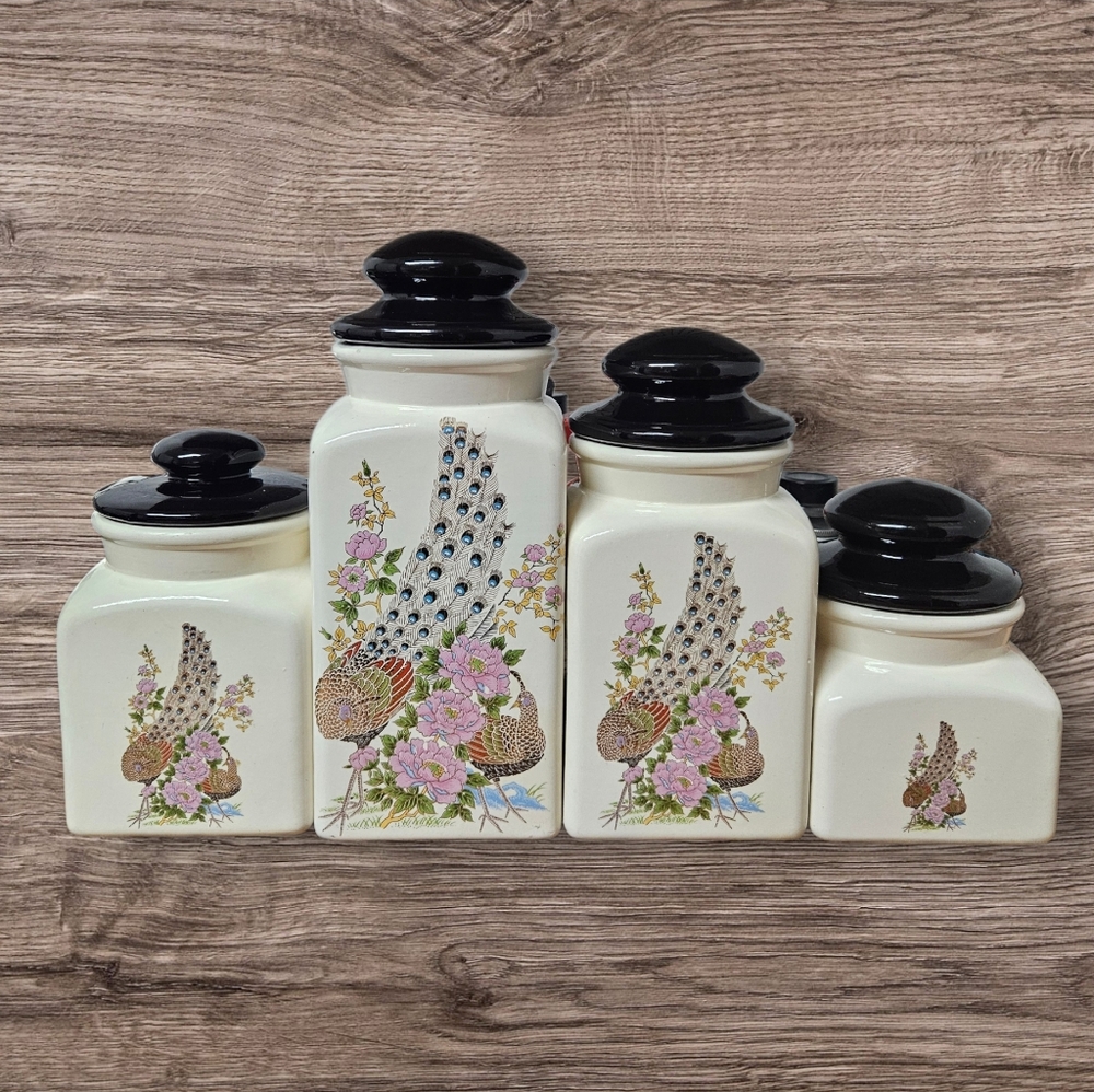 4 Vintage Ceramic Canisters Peacock Garden Floral Ginger Jar Japan W/Lids MCM